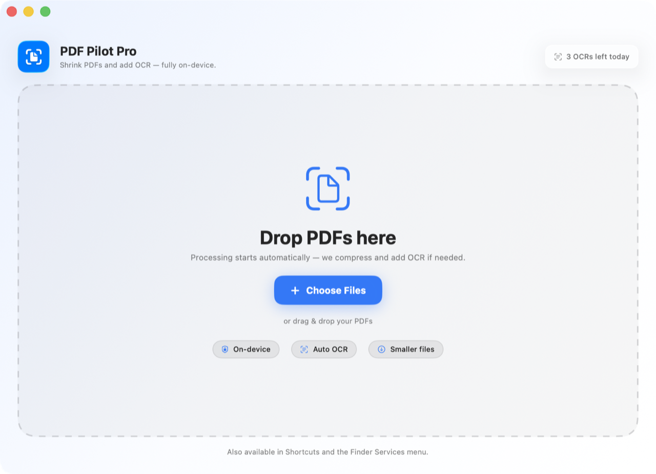 PDF Pilot Pro's drop zone with on-device, auto-OCR and smaller-files badges.